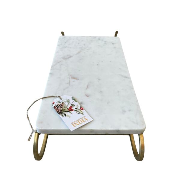 Marble Sledge Holiday Serving Tray 18x8 White & Gold Metal Handmade in India - Picture 6 of 15